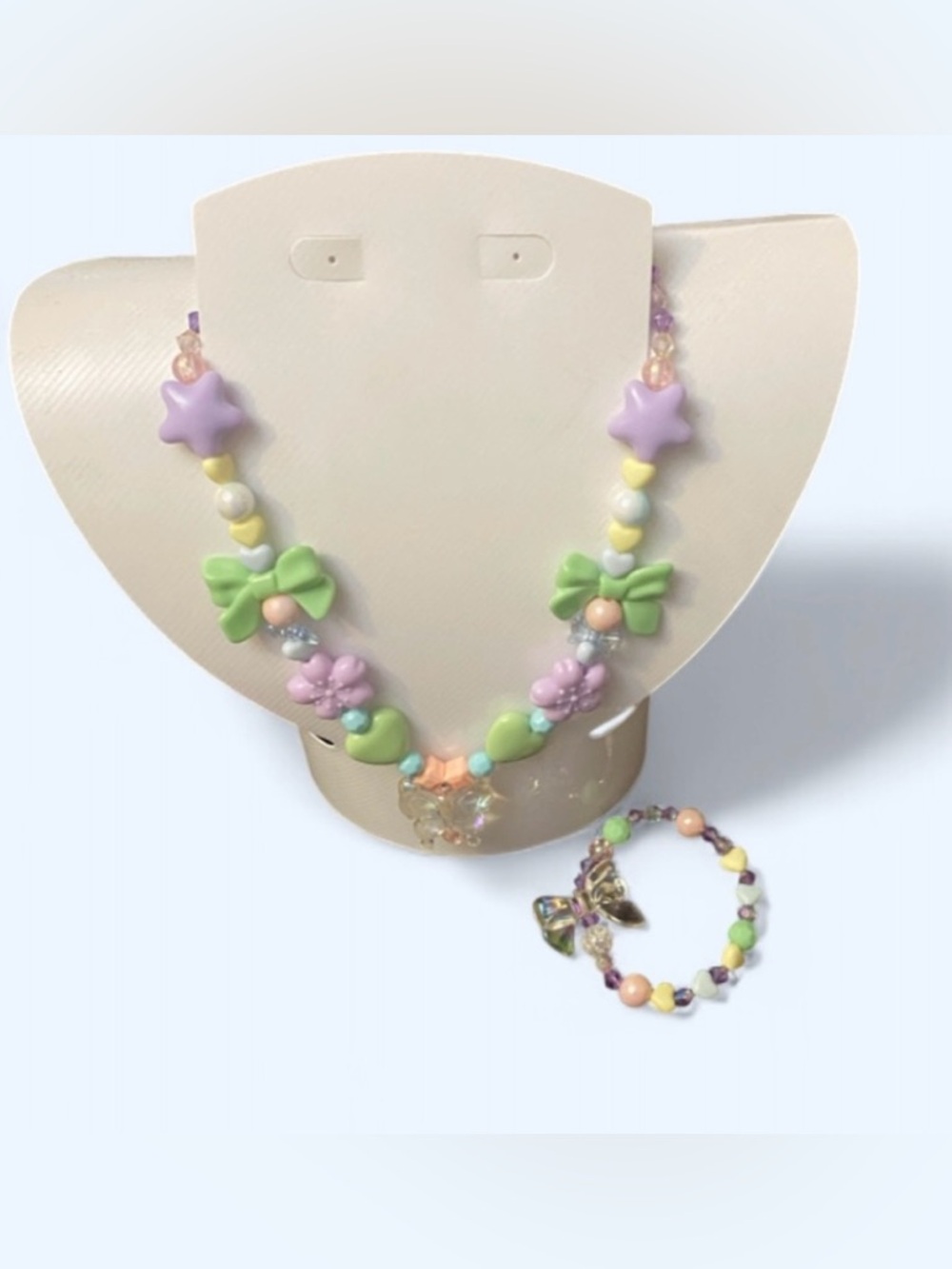 Pastel beaded with butterfly pendant Necklace and Bracelet